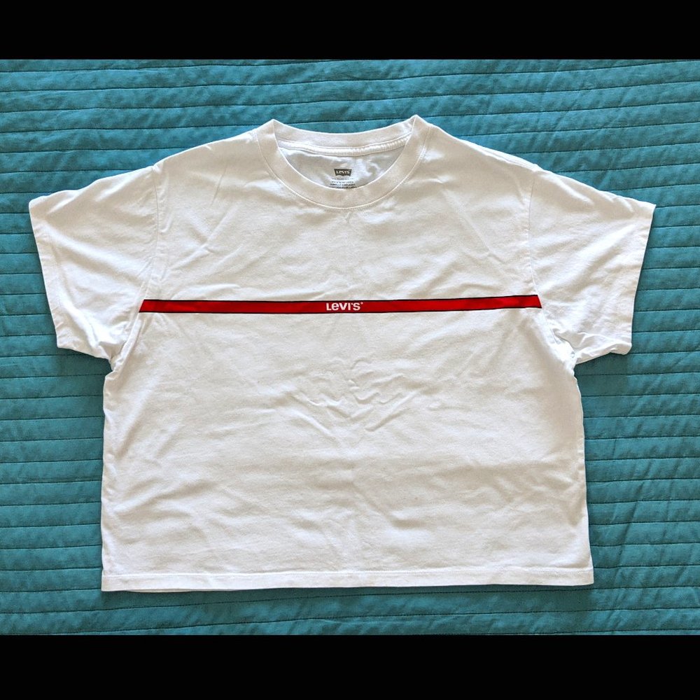 Levi's White Boxy Cropped T-Shirt Red Stripe Size L